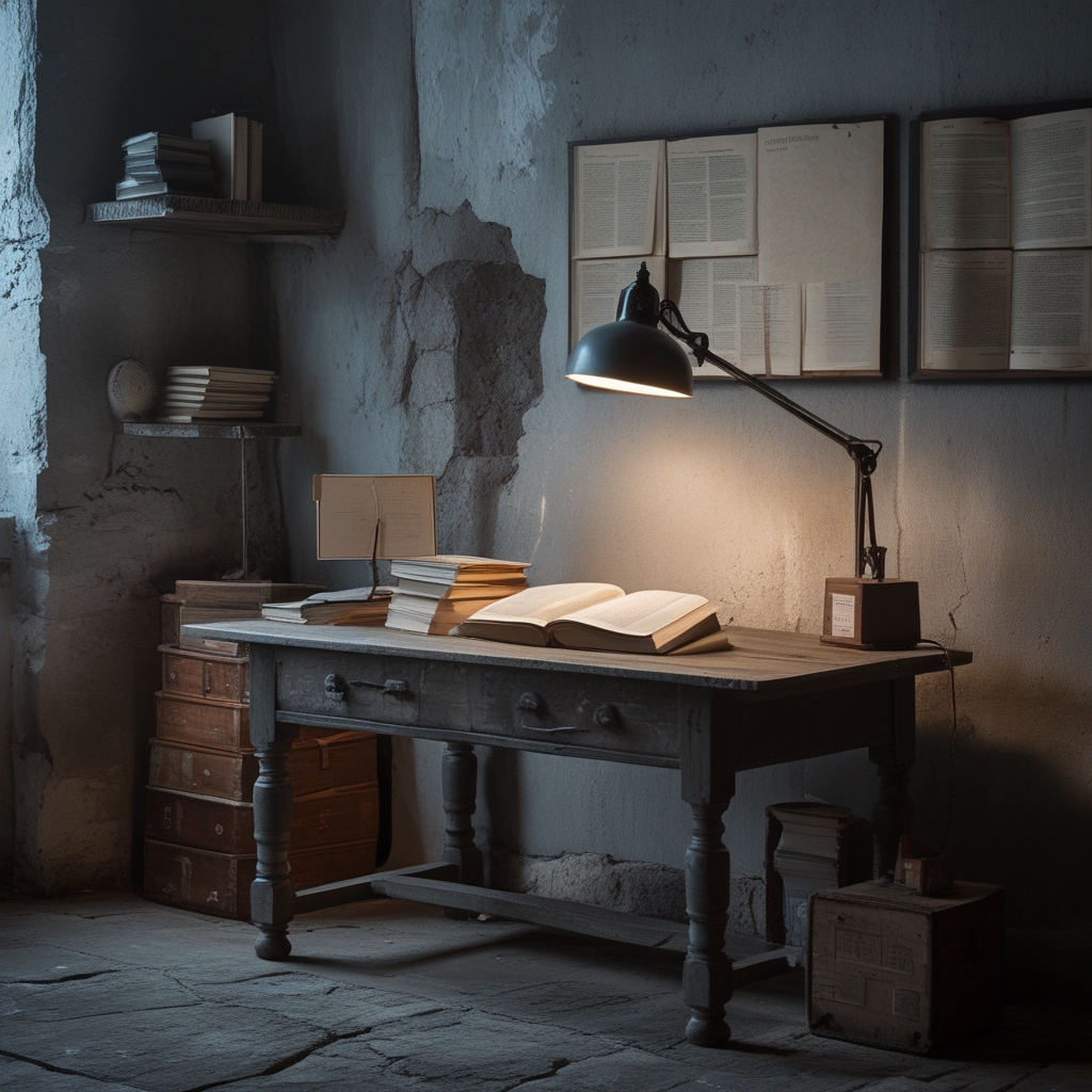 Stary drewniany stół z otwartymi książkami anatomicznymi i notatkami, ciepłe światło lampki biurkowej, ciemne tło, atmosfera głębokiej nauki i skupienia