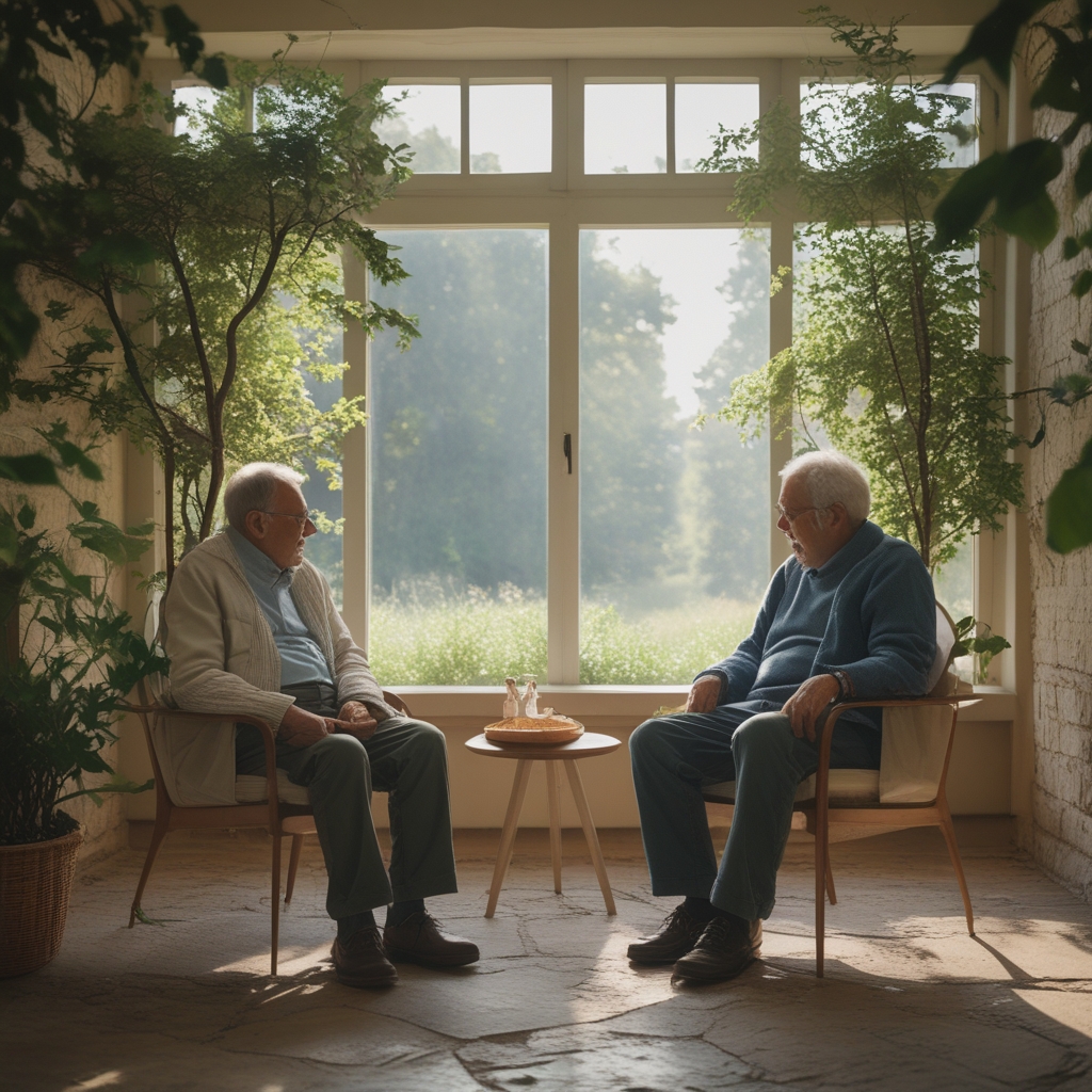 Dwoje starszych dorosłych w wieku około 60 lat spacerujących spokojnie po parku z alejkami, otoczeni zielenią i jesiennymi drzewami, ciepłe popołudniowe światło