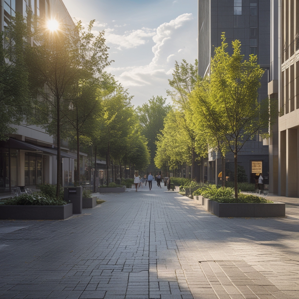 Szeroka ulica nowoczesnego miasta z chodnikami, ławkami i terenami zielonymi wzdłuż alei, spokojni przechodnie w naturalnych pozach, niskie południe, ciepłe światło